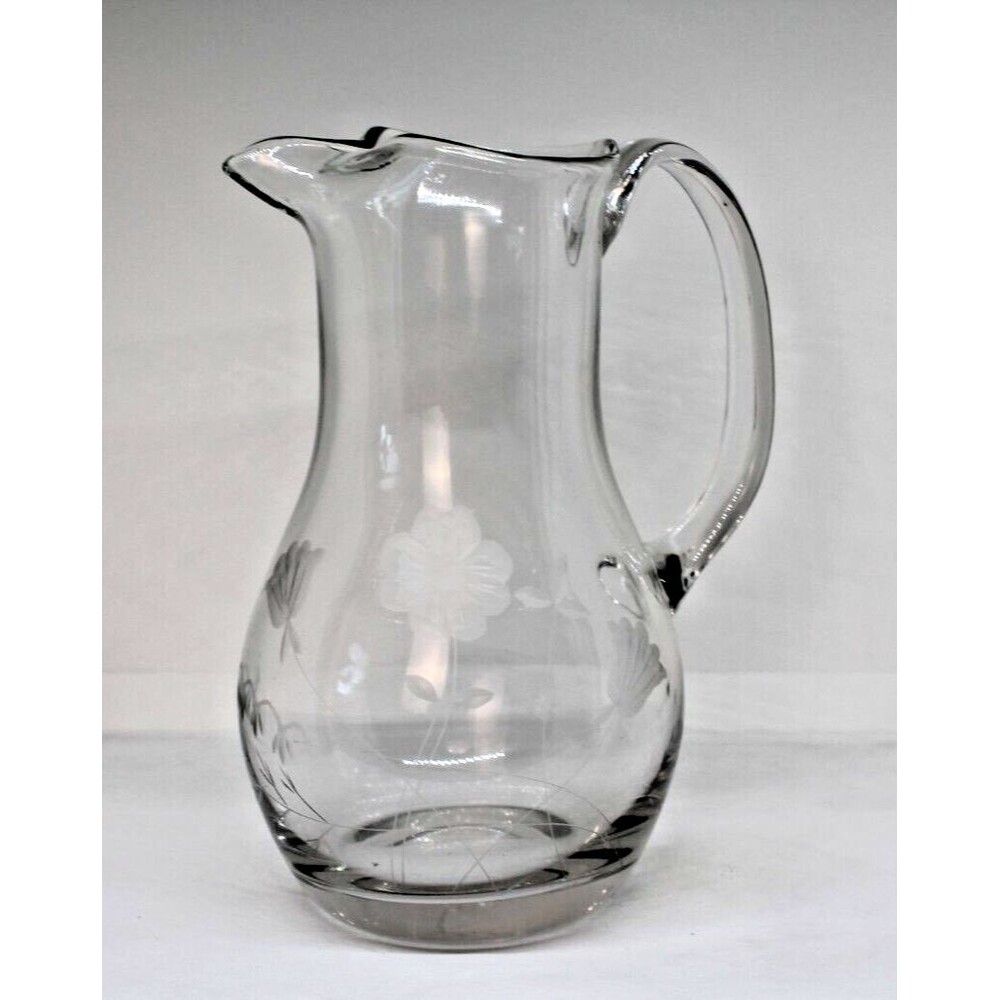 Vintage Clear Crystal Pitcher/Vase Etched Flower 9.5" Holds 48oz.